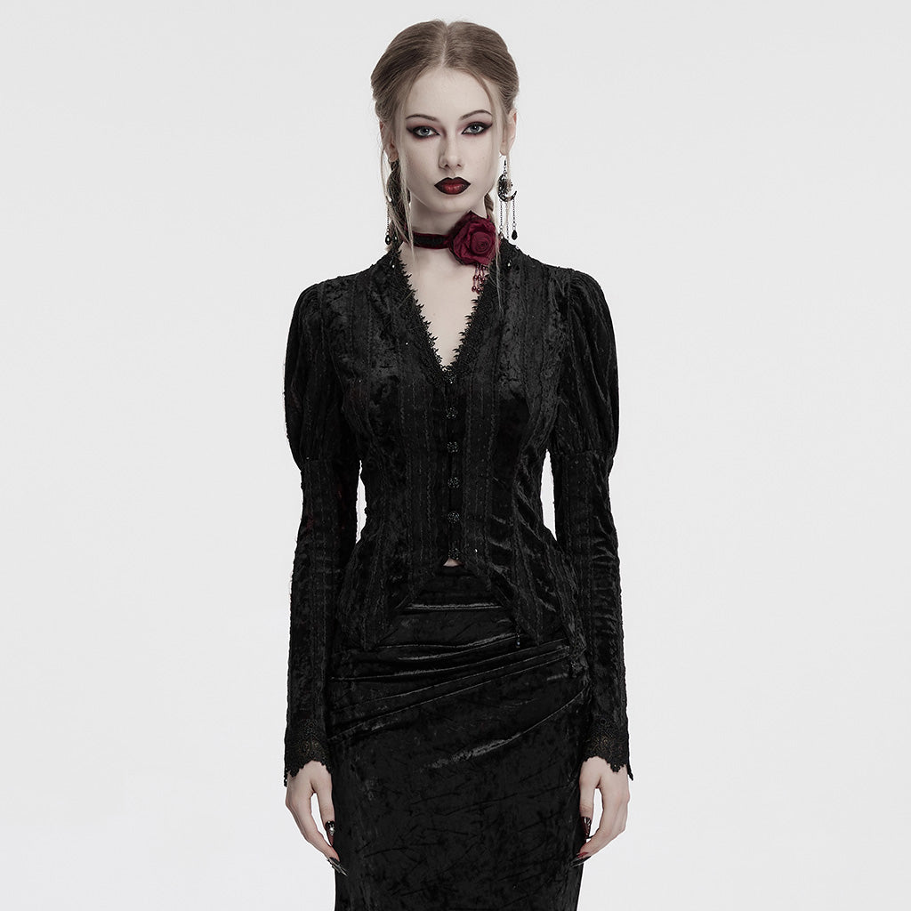 OY-1743CCF Crushed Velvet Gothic Jacket with Lace Trim Elegant Design