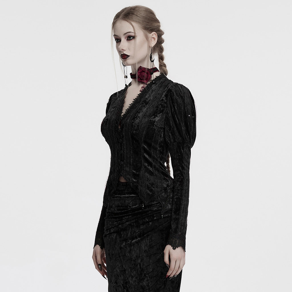 OY-1743CCF Crushed Velvet Gothic Jacket with Lace Trim Elegant Design