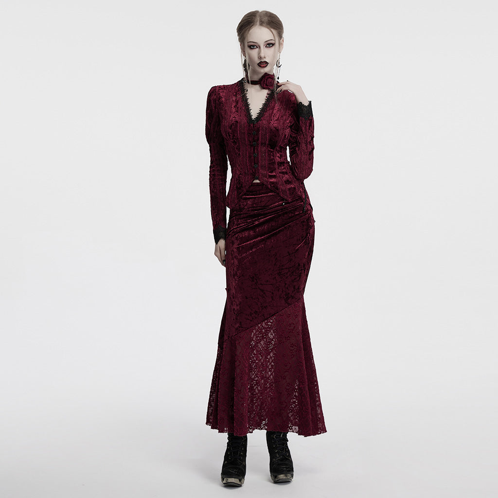 OY-1743CCF Crushed Velvet Gothic Jacket with Lace Trim Elegant Design