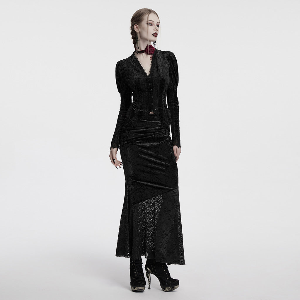 OY-1743CCF Crushed Velvet Gothic Jacket with Lace Trim Elegant Design