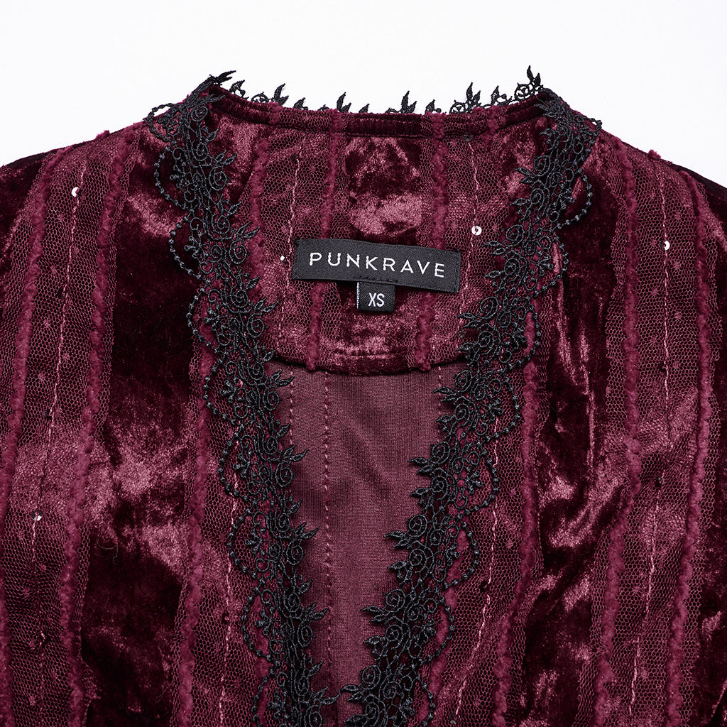 OY-1743CCF Crushed Velvet Gothic Jacket with Lace Trim Elegant Design