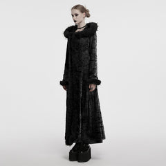 OY-1747XCF Velvet Gothic Coat Long Furry Trim Dramatic Dark Style Luxurious Velvet Gothic Coat with Dramatic Fur Accents Gothic Coat Furry Trim Velvet Longline Dramatic Dark Fashion