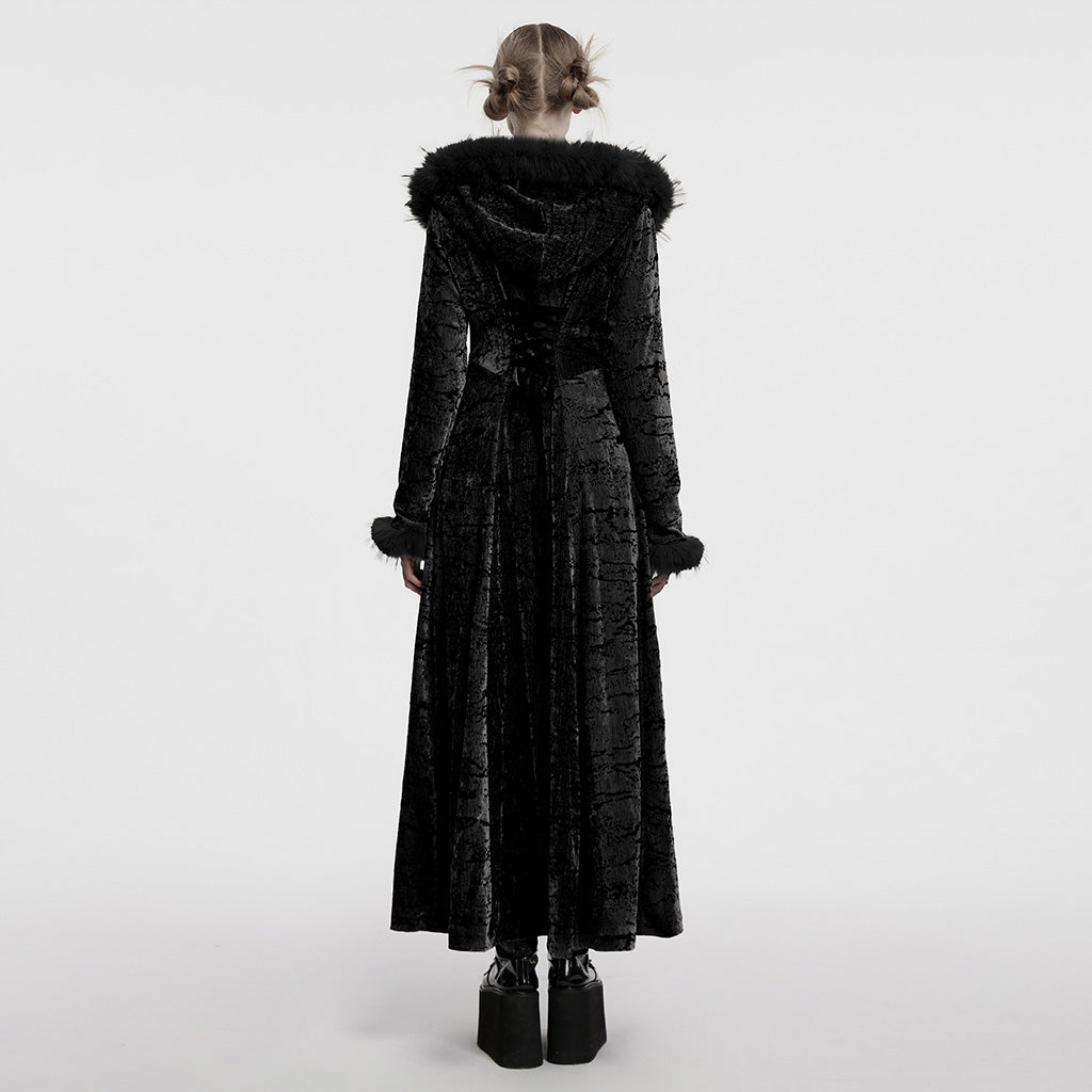 OY-1747XCF Velvet Gothic Coat Long Furry Trim Dramatic Dark Style Luxurious Velvet Gothic Coat with Dramatic Fur Accents Gothic Coat Furry Trim Velvet Longline Dramatic Dark Fashion