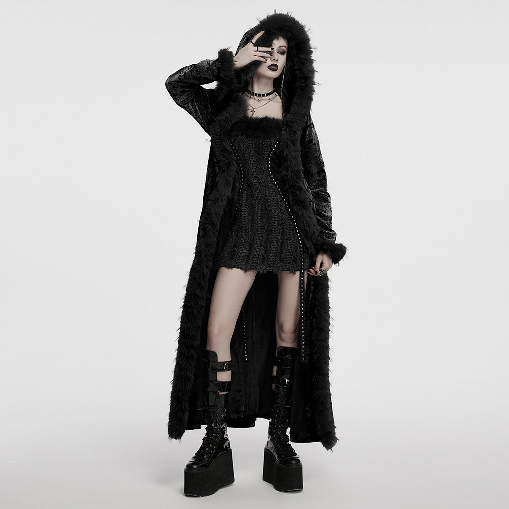 OY-1747XCF Velvet Gothic Coat Long Furry Trim Dramatic Dark Style Luxurious Velvet Gothic Coat with Dramatic Fur Accents Gothic Coat Furry Trim Velvet Longline Dramatic Dark Fashion