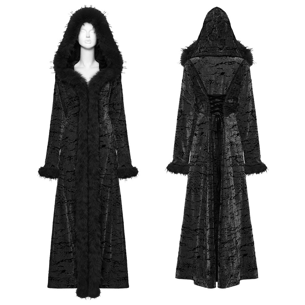 OY-1747XCF Velvet Gothic Coat Long Furry Trim Dramatic Dark Style Luxurious Velvet Gothic Coat with Dramatic Fur Accents Gothic Coat Furry Trim Velvet Longline Dramatic Dark Fashion
