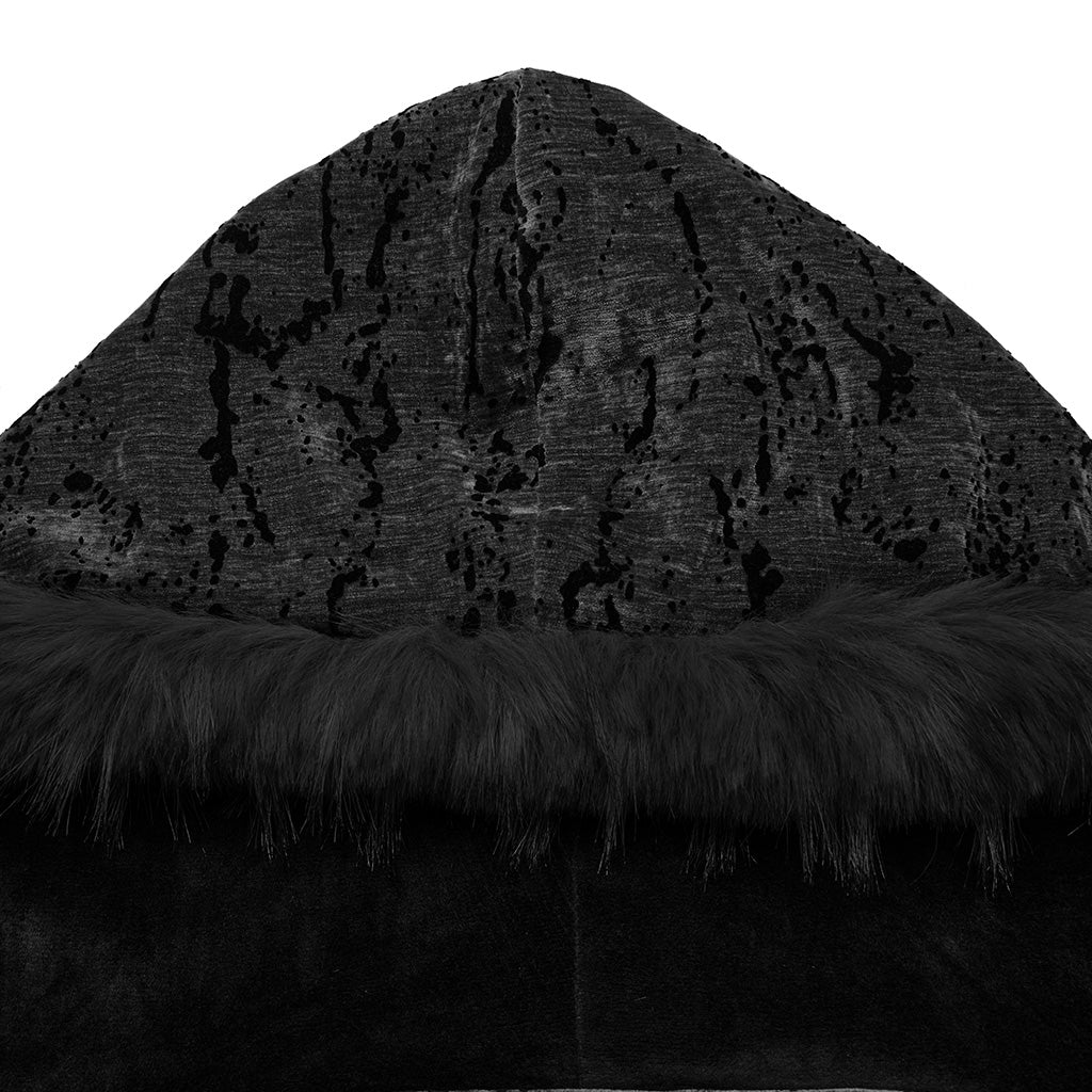 OY-1747XCF Velvet Gothic Coat Long Furry Trim Dramatic Dark Style Luxurious Velvet Gothic Coat with Dramatic Fur Accents Gothic Coat Furry Trim Velvet Longline Dramatic Dark Fashion