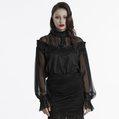 OY-1748CCF Gothic Sheer Black Lace Fringed High Collar Shirt