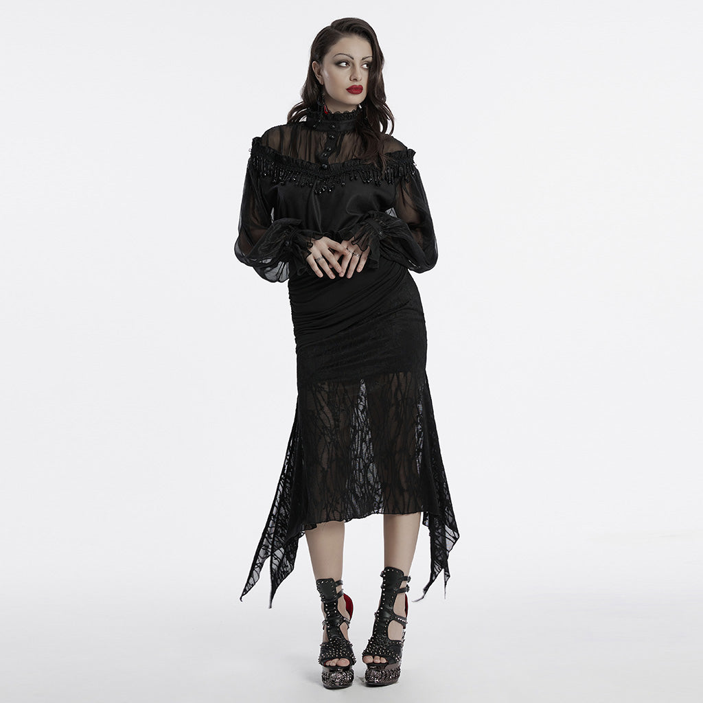 OY-1748CCF Gothic Sheer Black Lace Fringed High Collar Shirt