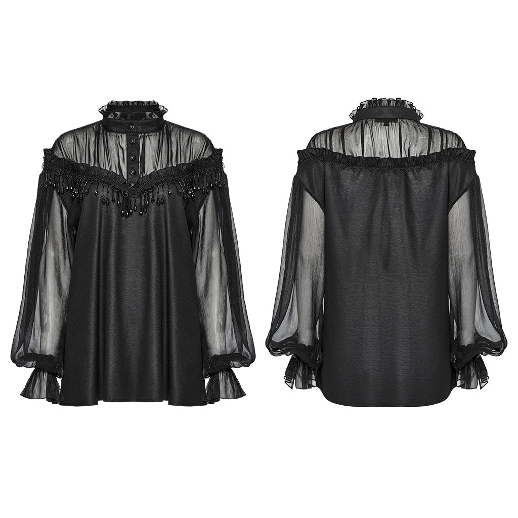 OY-1748CCF Gothic Sheer Black Lace Fringed High Collar Shirt
