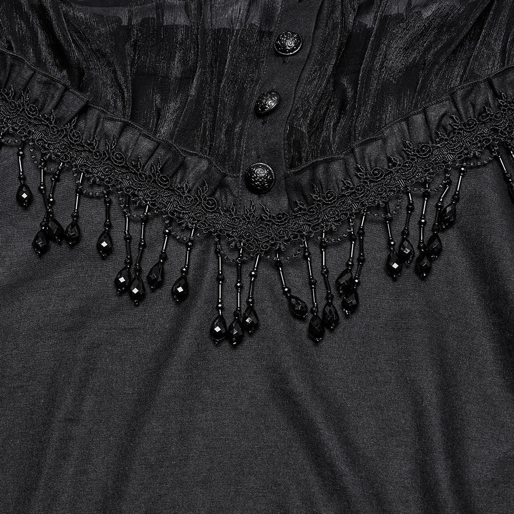 OY-1748CCF Gothic Sheer Black Lace Fringed High Collar Shirt