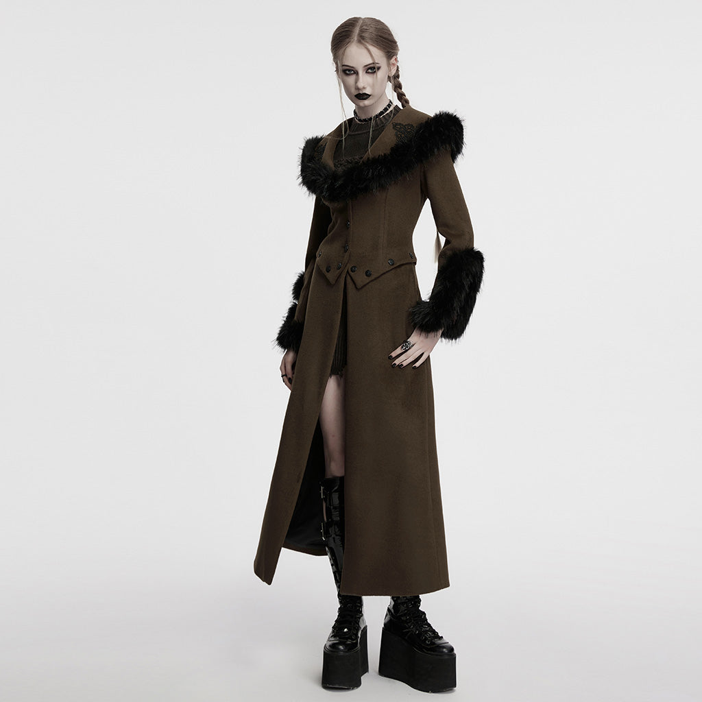OY-1754ECF Gothic Coat Long Brown Fur Trimmed Victorian Style