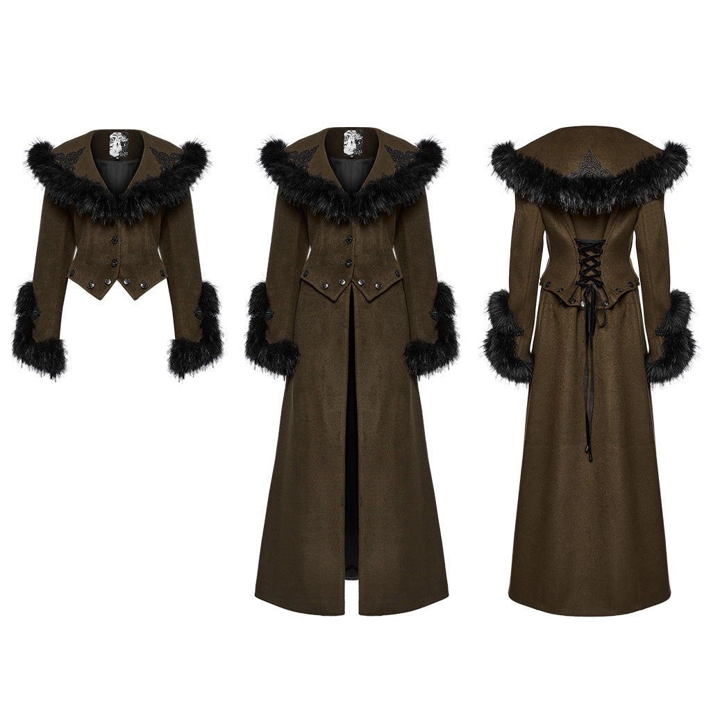 OY-1754ECF Gothic Coat Long Brown Fur Trimmed Victorian Style
