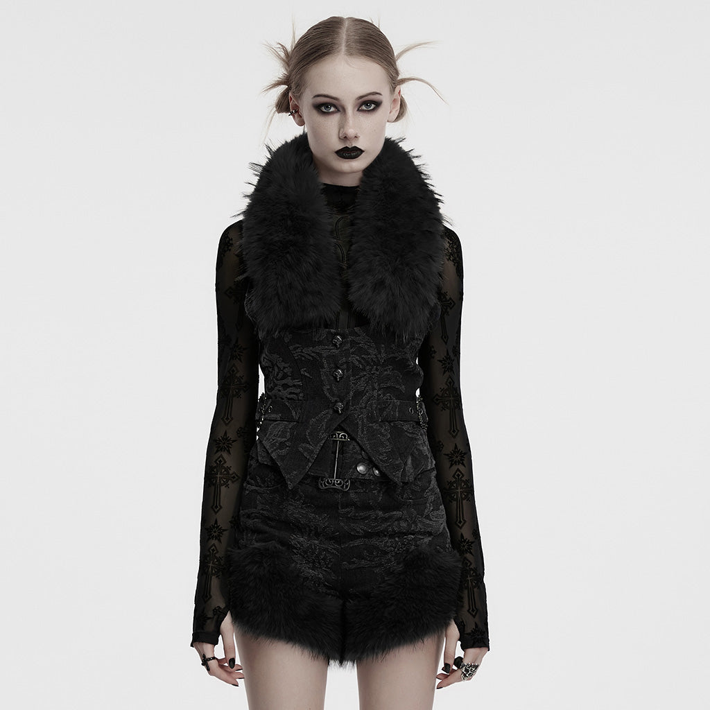 OY-1778MJF Gothic Floral Faux Fur Punk Vests Buckle Accents