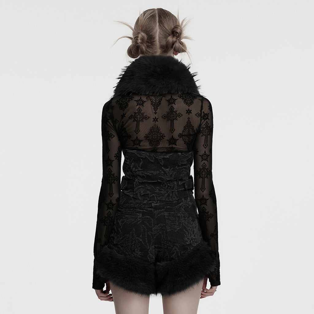 OY-1778MJF Gothic Floral Faux Fur Punk Vests Buckle Accents