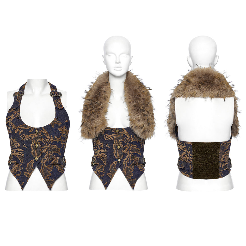 OY-1778MJF Gothic Floral Faux Fur Punk Vests Buckle Accents