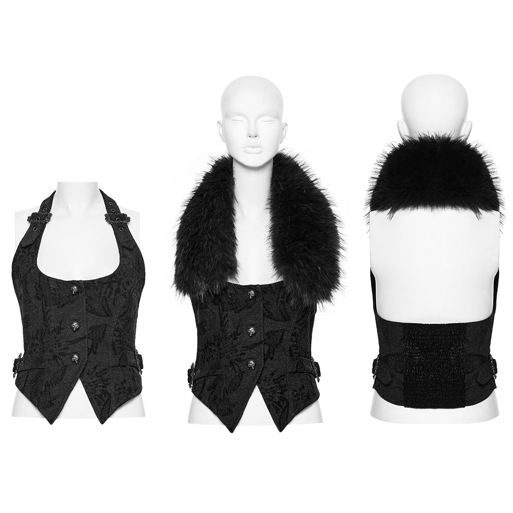 OY-1778MJF Gothic Floral Faux Fur Punk Vests Buckle Accents