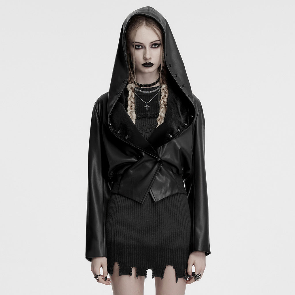 OY-1836PDF Hooded Faux Leather Punk Jacket with Studded Trim Unisex Style