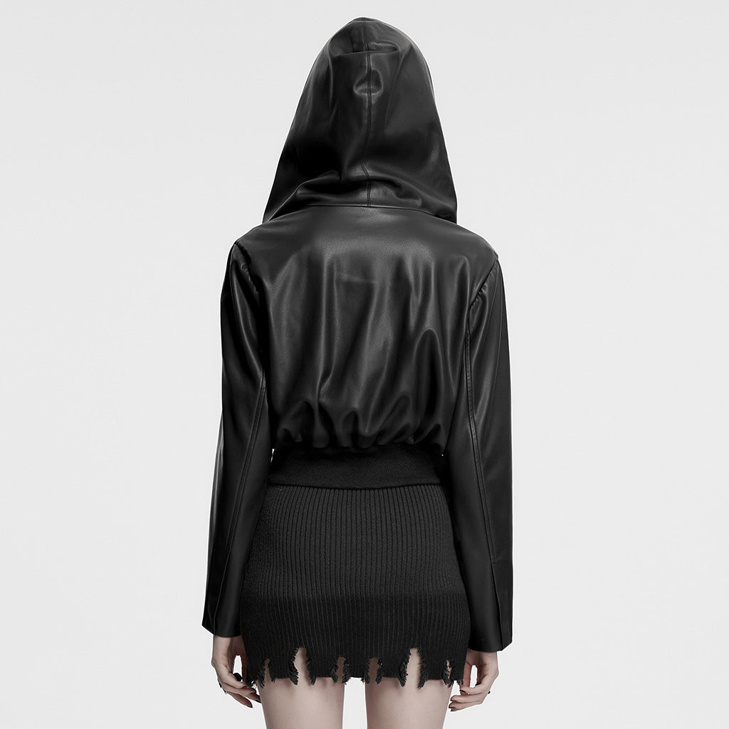 OY-1836PDF Hooded Faux Leather Punk Jacket with Studded Trim Unisex Style