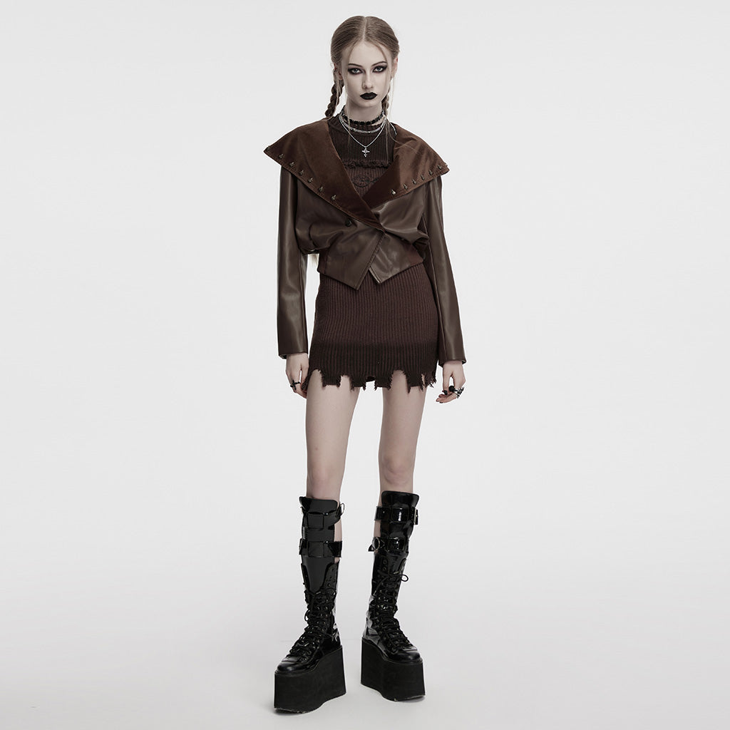 OY-1836PDF Hooded Faux Leather Punk Jacket with Studded Trim Unisex Style