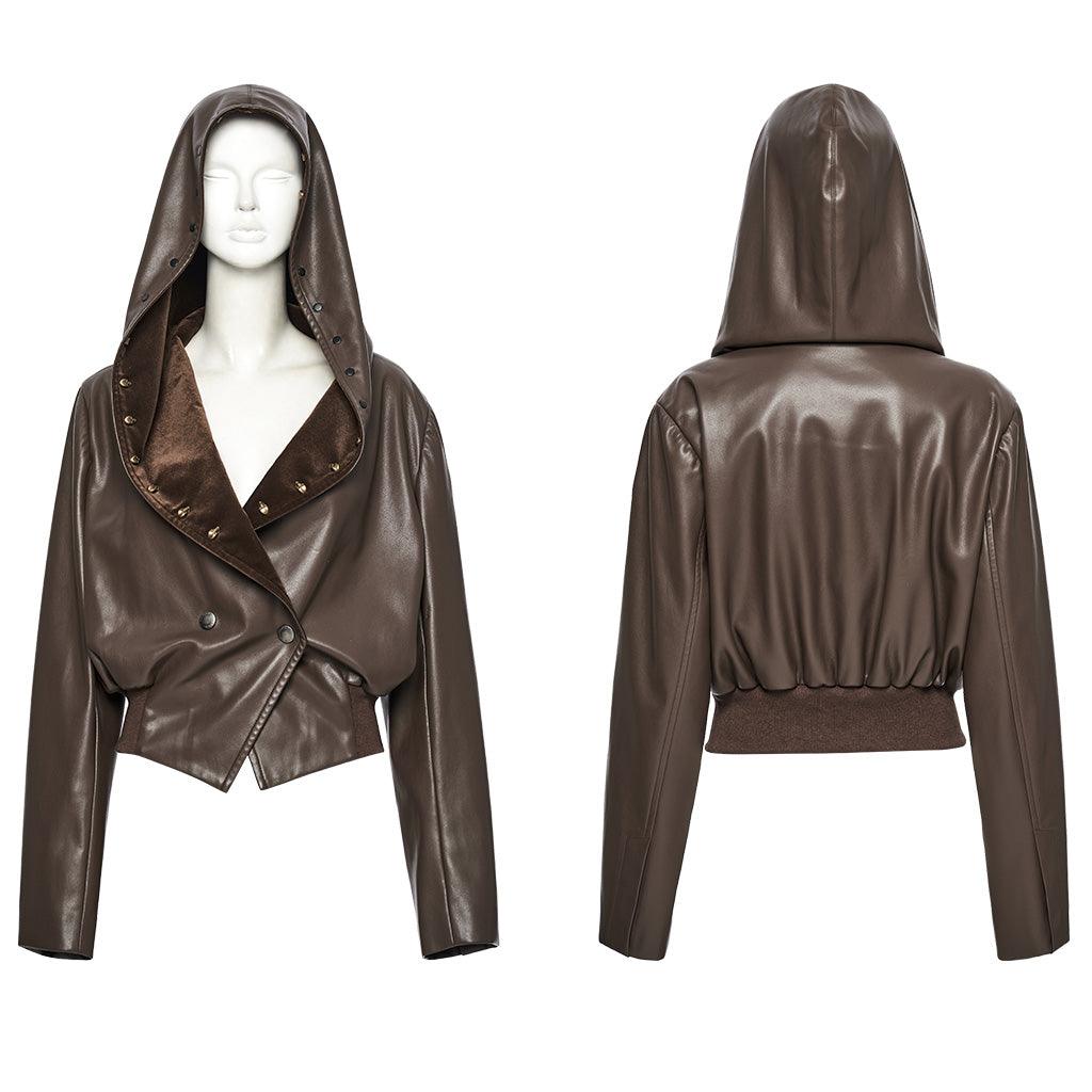 OY-1836PDF Hooded Faux Leather Punk Jacket with Studded Trim Unisex Style