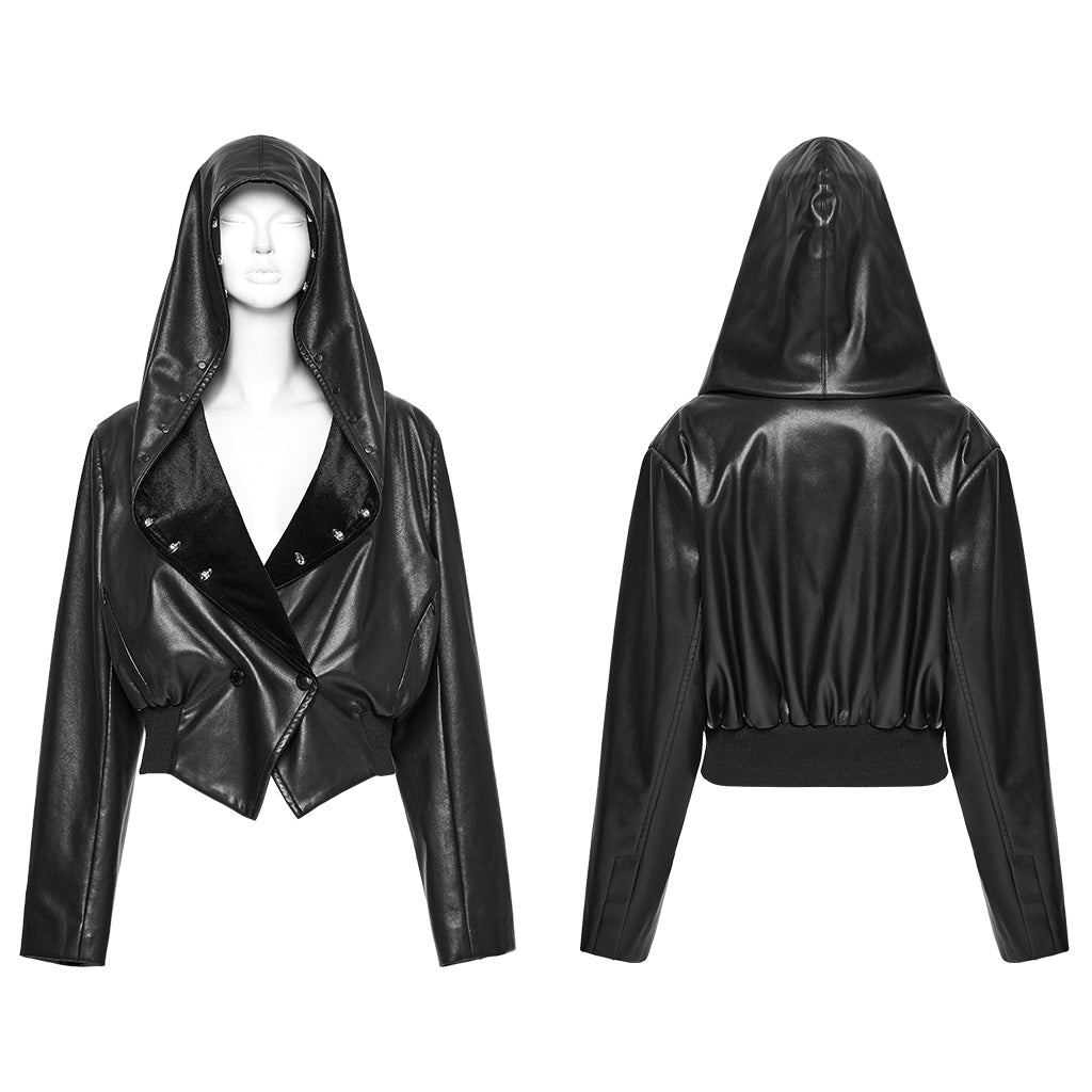OY-1836PDF Hooded Faux Leather Punk Jacket with Studded Trim Unisex Style