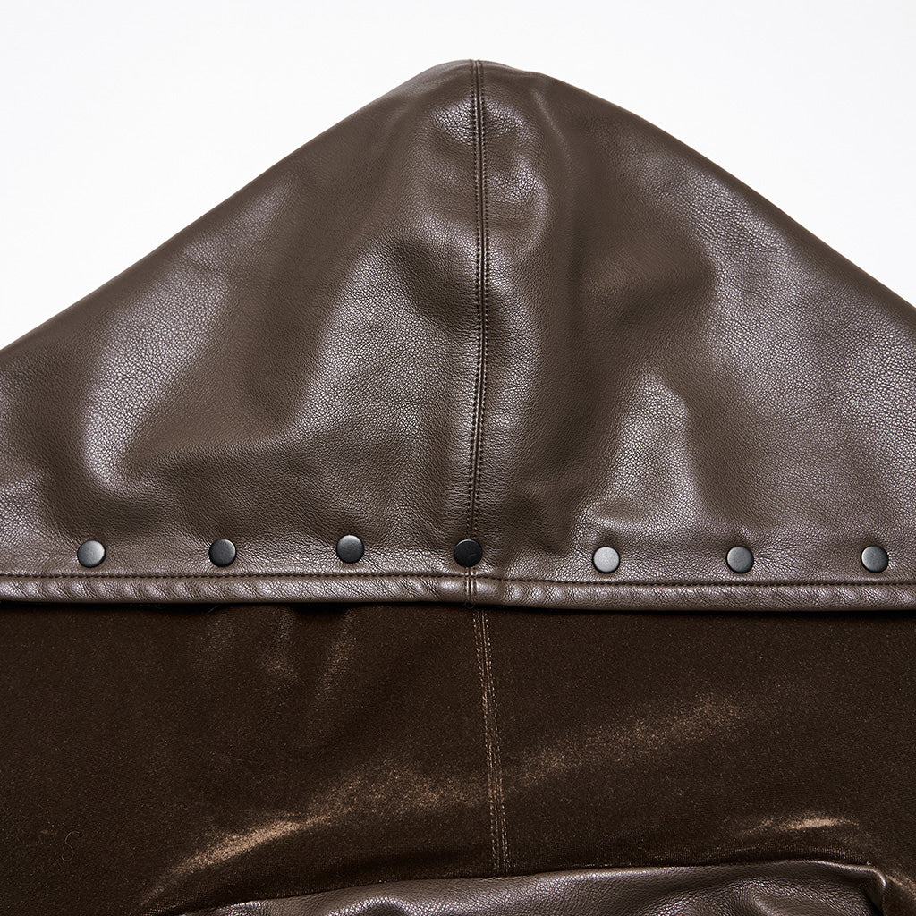 OY-1836PDF Hooded Faux Leather Punk Jacket with Studded Trim Unisex Style