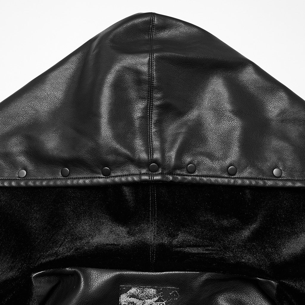 OY-1836PDF Hooded Faux Leather Punk Jacket with Studded Trim Unisex Style