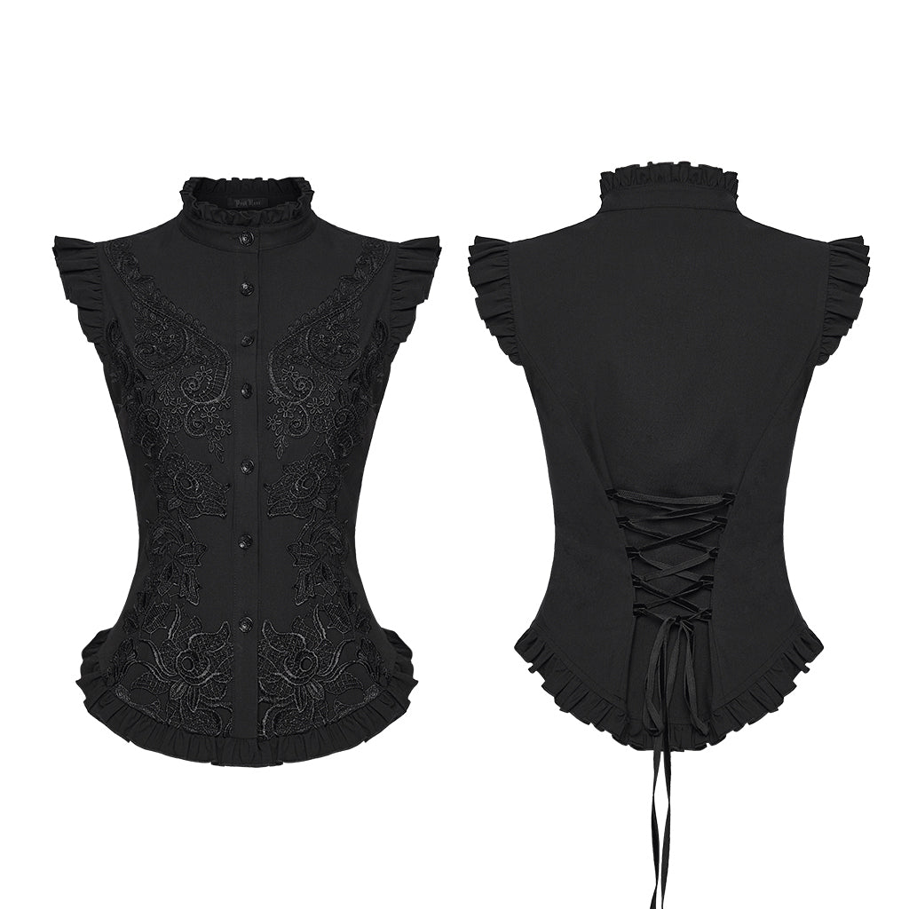 OY-1919CDF Victorian Embroidered Lace Up Ruffled Sleeveless Gothic Shirt