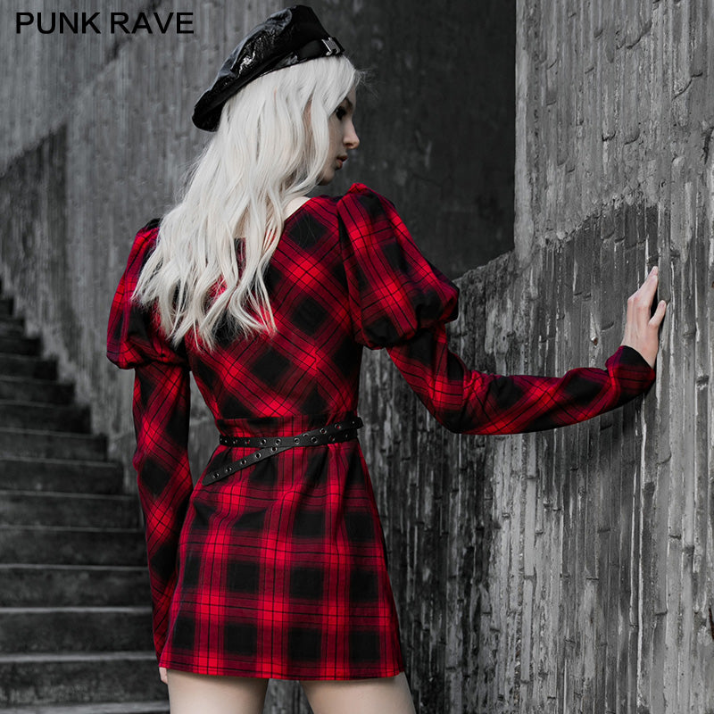 OPQ-735LQF Red and black plaid with princess sleeves dress