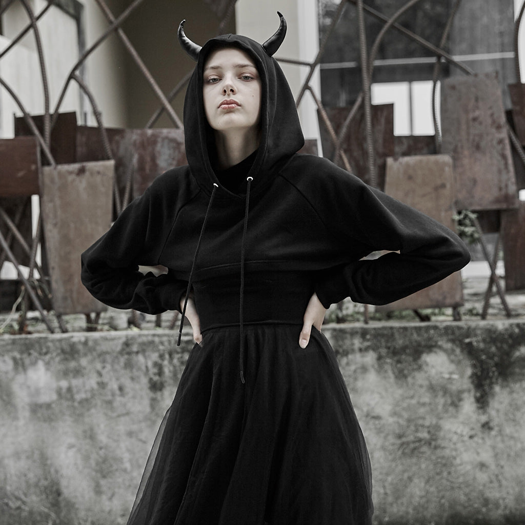 OPT-317WYF Gothic Hooded Cropped Sweater Long Sleeve Black Design?-??Punk Rave Clothing