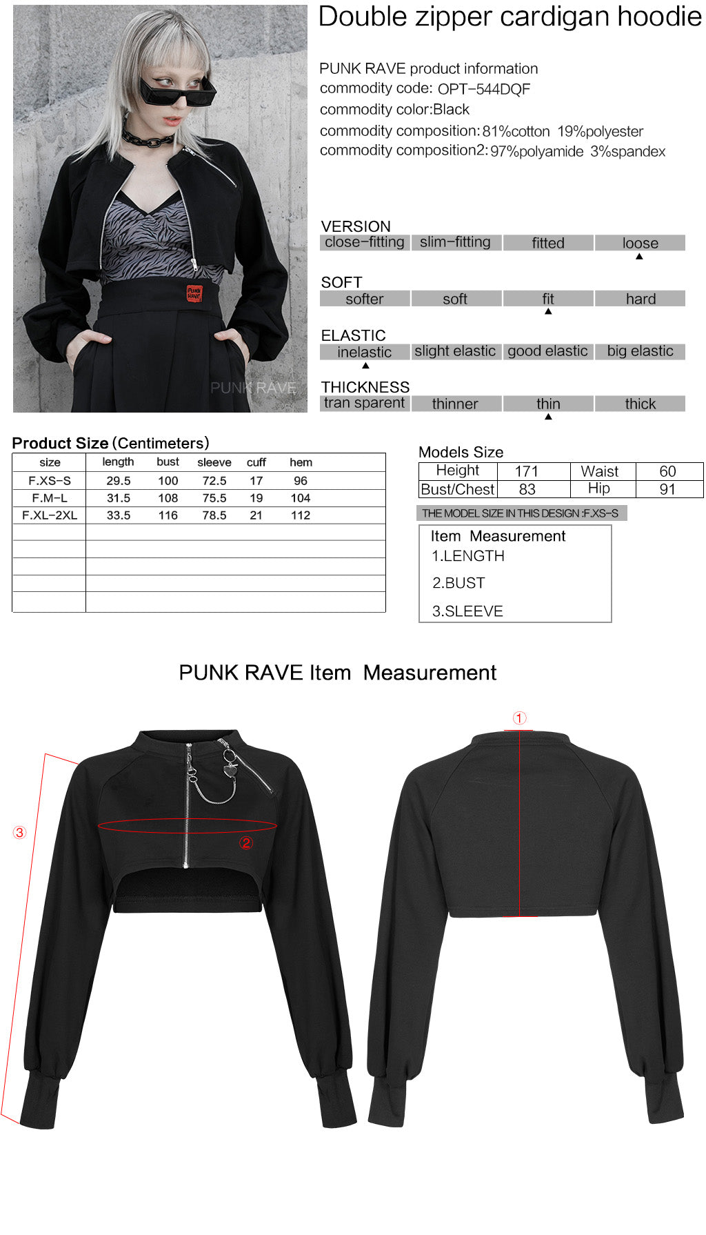 OPT-544DQF Gothic Crop Jacket Double Zipper Cropped Punk Hoodie?-??Punk Rave Clothing