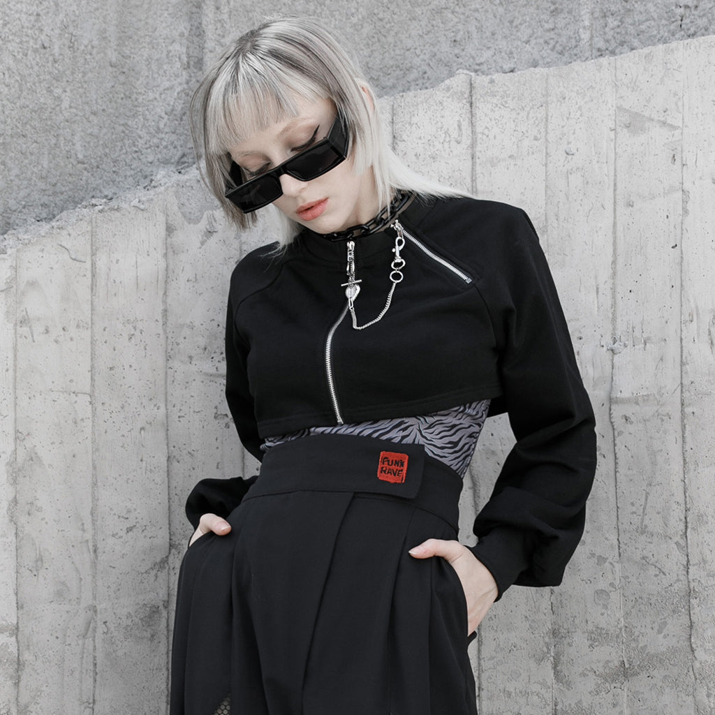 OPT-544DQF Gothic Crop Jacket Double Zipper Cropped Punk Hoodie?-??Punk Rave Clothing