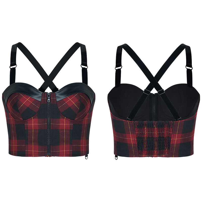 OPT-548BXF PUNK series plaid elastic shoulder strap corset vest