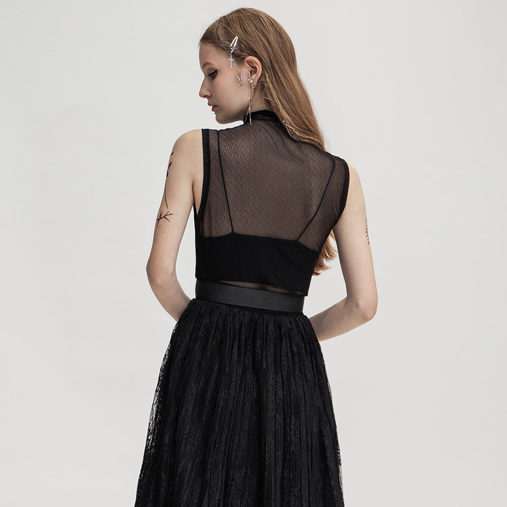 OPT-621BXF Gothic Mesh Elastic Black Vest with Belted Waist Design?-??Punk Rave Clothing