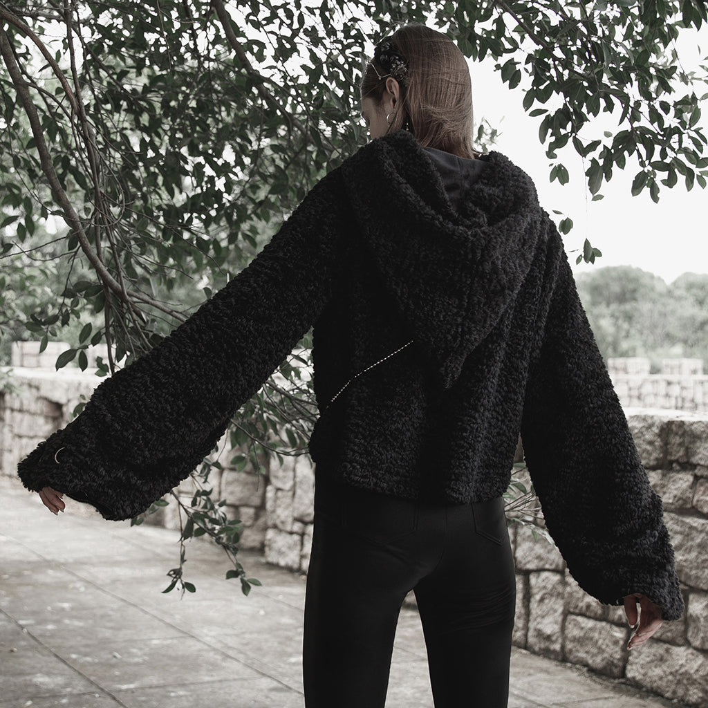 OPT-728WYF Gothic Punk Sweater with Flared Sleeves Hooded Cropped Design