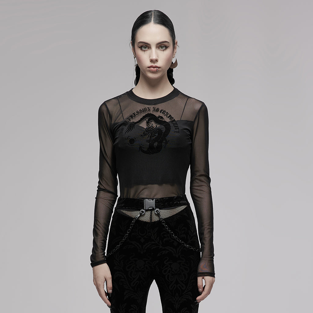 OPT-747DQF Edgy Black Mesh Long Sleeve Punk T-Shirt