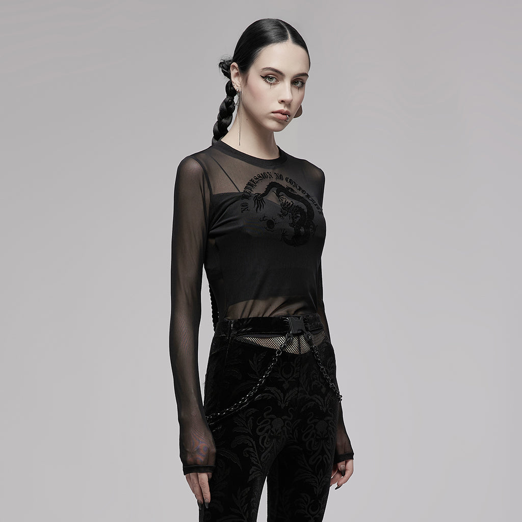 OPT-747DQF Edgy Black Mesh Long Sleeve Punk T-Shirt