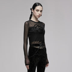 OPT-747DQF Edgy Black Mesh Long Sleeve Punk T-Shirt