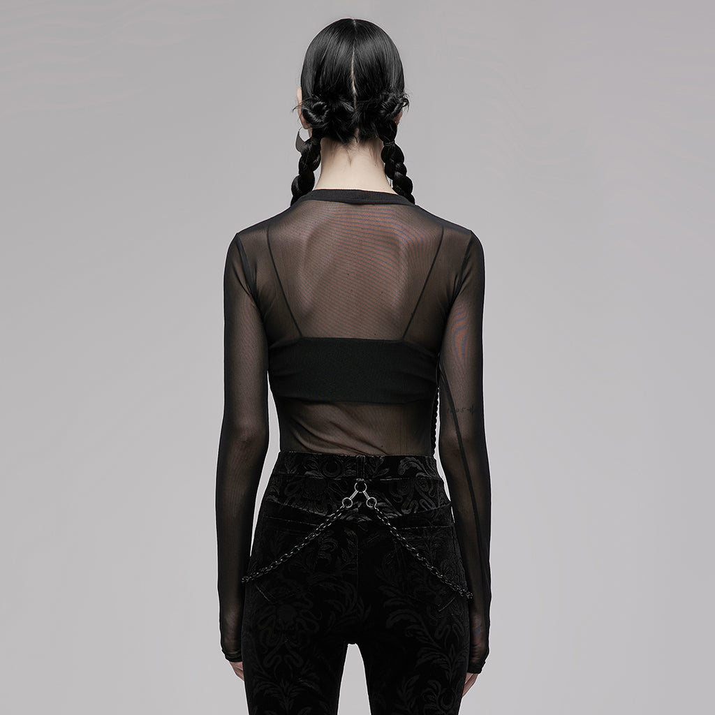 OPT-747DQF Edgy Black Mesh Long Sleeve Punk T-Shirt