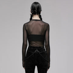 OPT-747DQF Edgy Black Mesh Long Sleeve Punk T-Shirt
