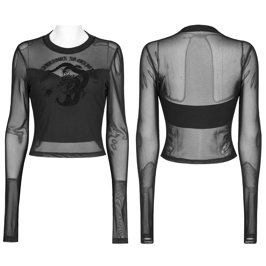 OPT-747DQF Edgy Black Mesh Long Sleeve Punk T-Shirt