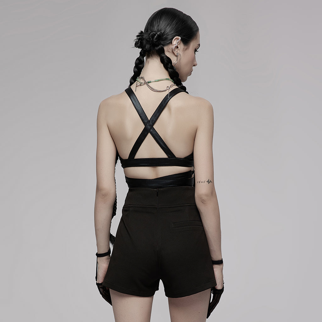 OPT-749BXF Edgy Strappy Leather Harness Top, your ultimate Punk Accessory Edgy Harness Punk Shirts Leather Wrap Crossback Design