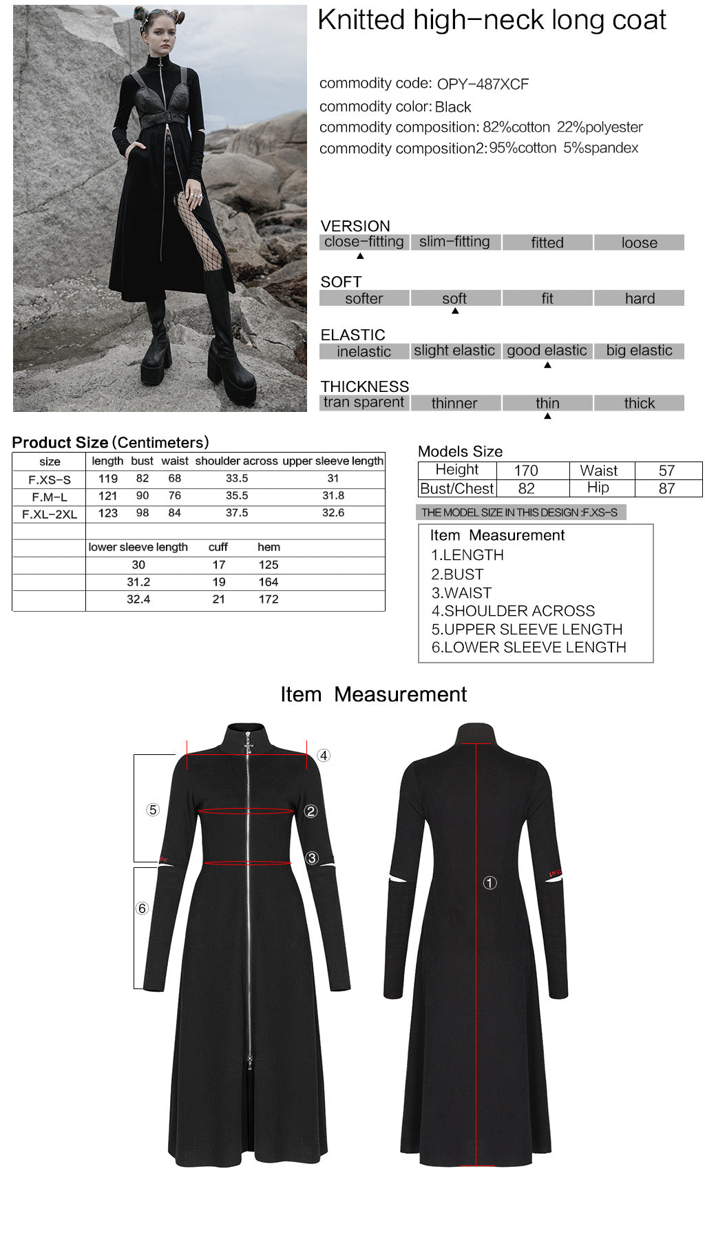 OPY-487XCF Gothic Coat Long Sleek Black Zip-Up Dress