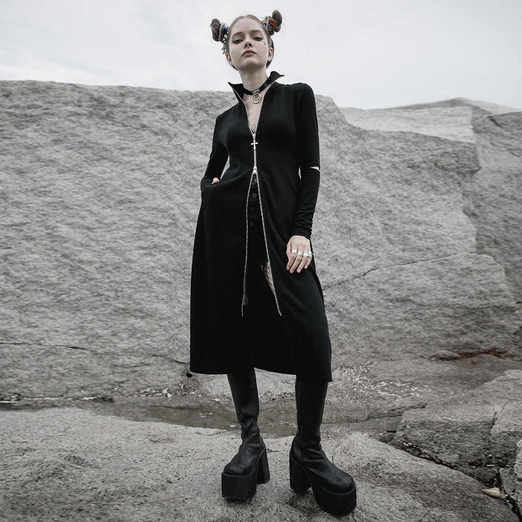 OPY-487XCF Gothic Coat Long Sleek Black Zip-Up Dress