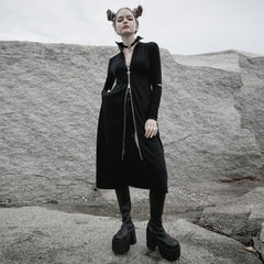 OPY-487XCF Gothic Coat Long Sleek Black Zip-Up Dress