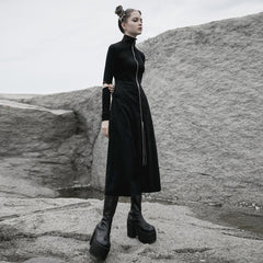 OPY-487XCF Gothic Coat Long Sleek Black Zip-Up Dress