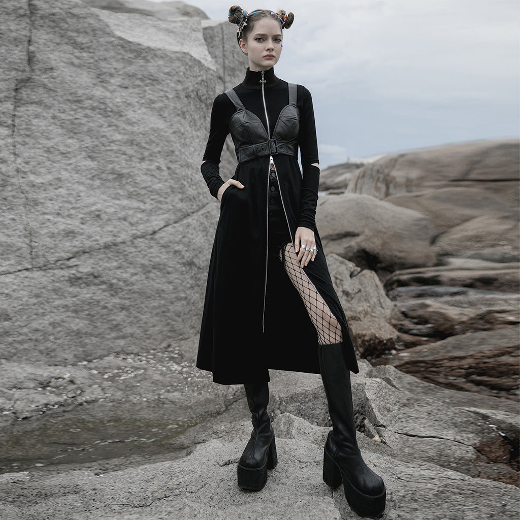 OPY-487XCF Gothic Coat Long Sleek Black Zip-Up Dress