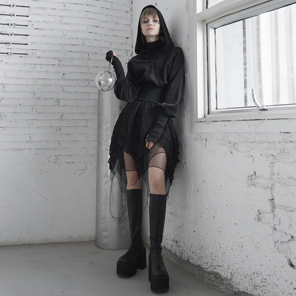 OPY-488XDF Gothic Hooded Sweater with Dramatic Sleeves and Ribbed Waistband