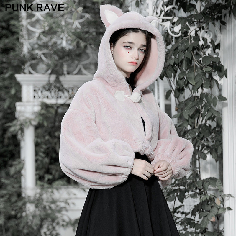 OPY-492XDF Cute ears drawstring cap short coat?-??Punk Rave Clothing
