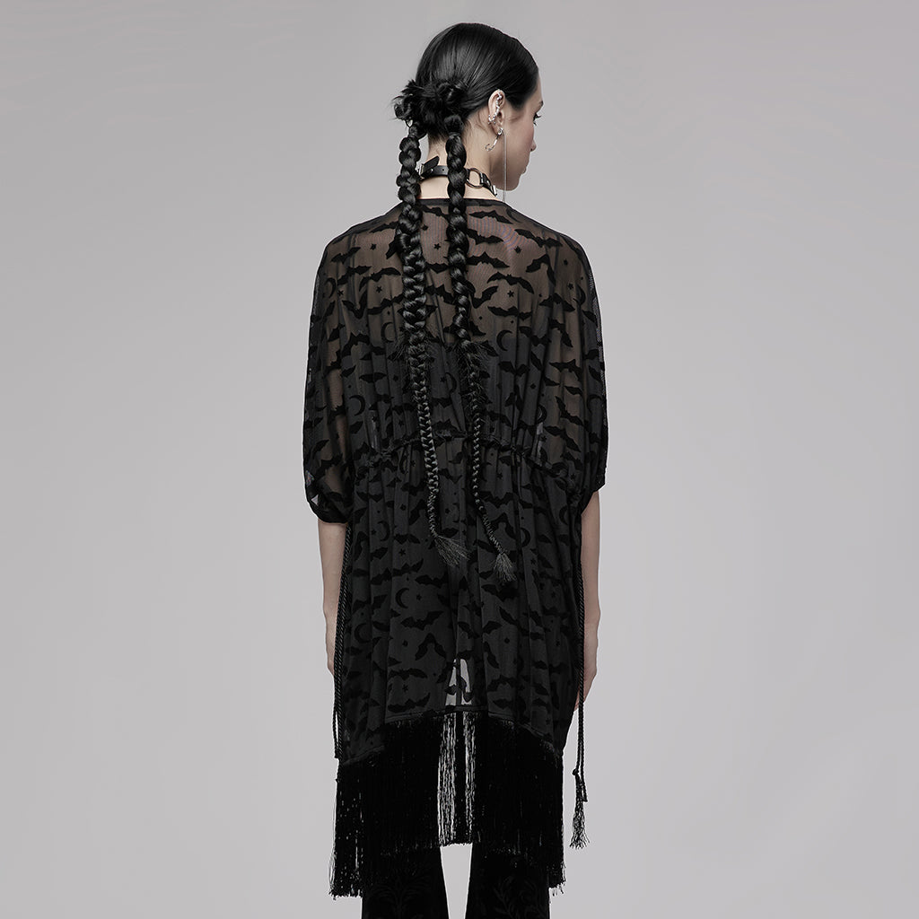 OPY-656DPF Gothic Coat Sheer Fringe Layered Black Longline Jacket Gothic Sheer Lace Fringe Open Front Coat Women